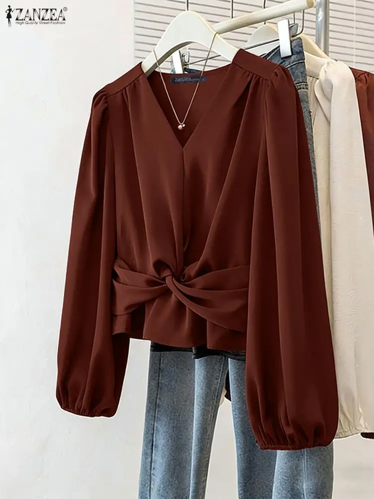 

ZANZEA женская однотонная блузка модная повседневная свободная туника с v-образным вырезом топы с длинным рукавом плиссированная элегантная уличная одежда Blusas женская рабочая рубашка
