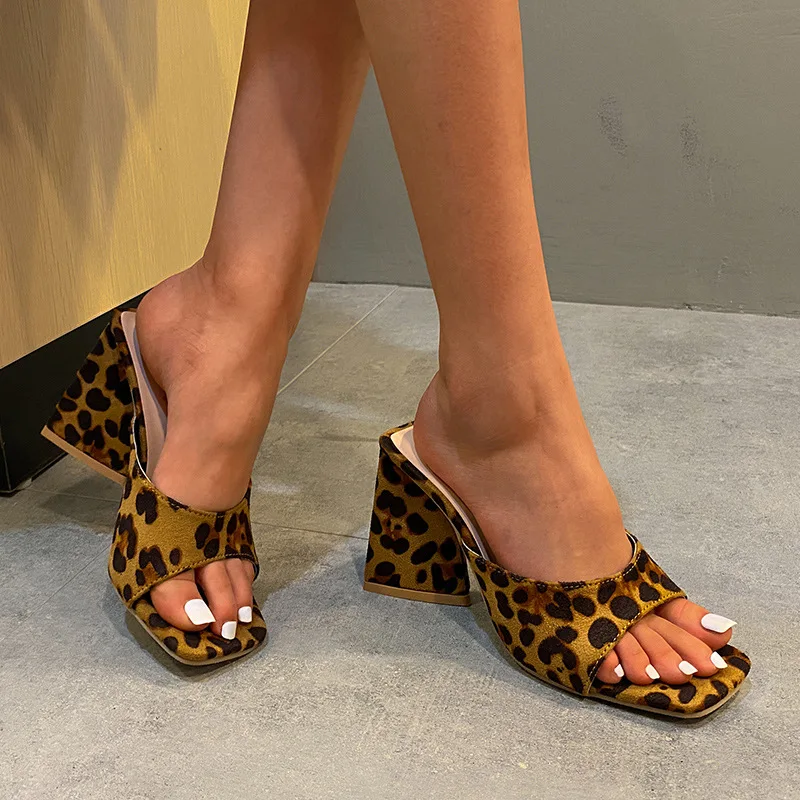 Women Platform Square Toe Sandals Open Toe High Heels Slipper Fashion Leopard Print Summer Pumps Sandals 2024 Sandalias De Mujer