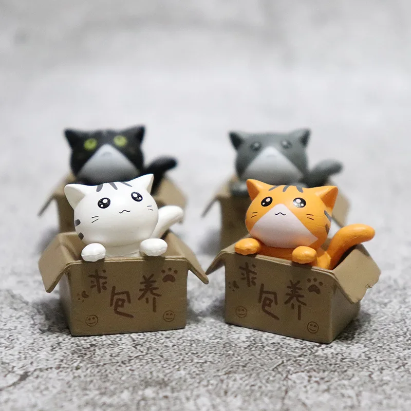 4Pcs Cute Mini Resin Box Cat Ornament Garden Fairy Micro Landscape Gift for Kids Baby Miniature Figurines Toys Dollhouse Model