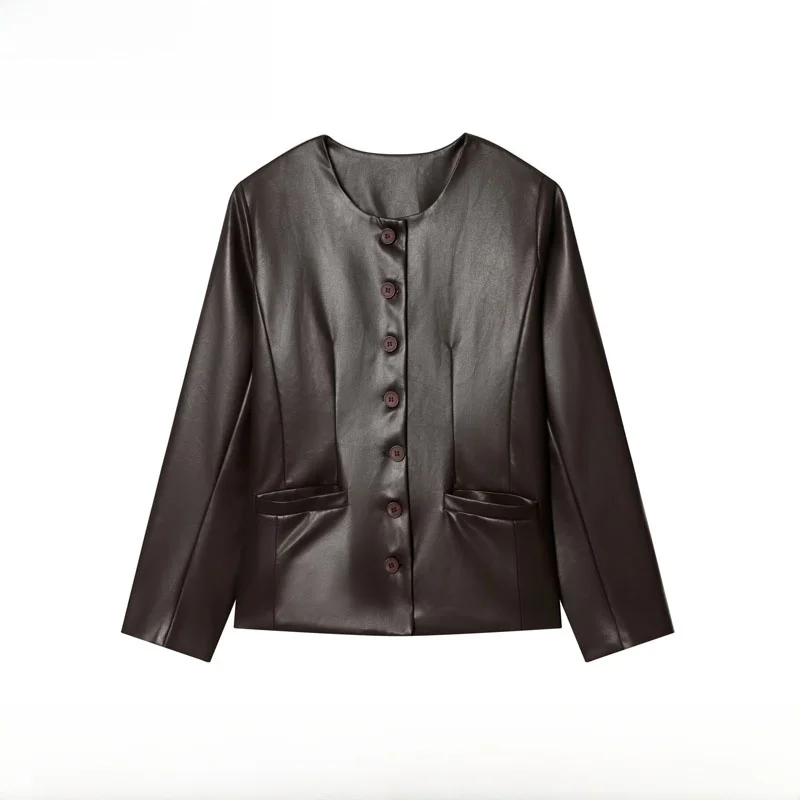 

Fall Winter New Arrival Women's Faionable PU Leather Button up Coat Versatile ZR Sle ort Coat Long Sve Polyester