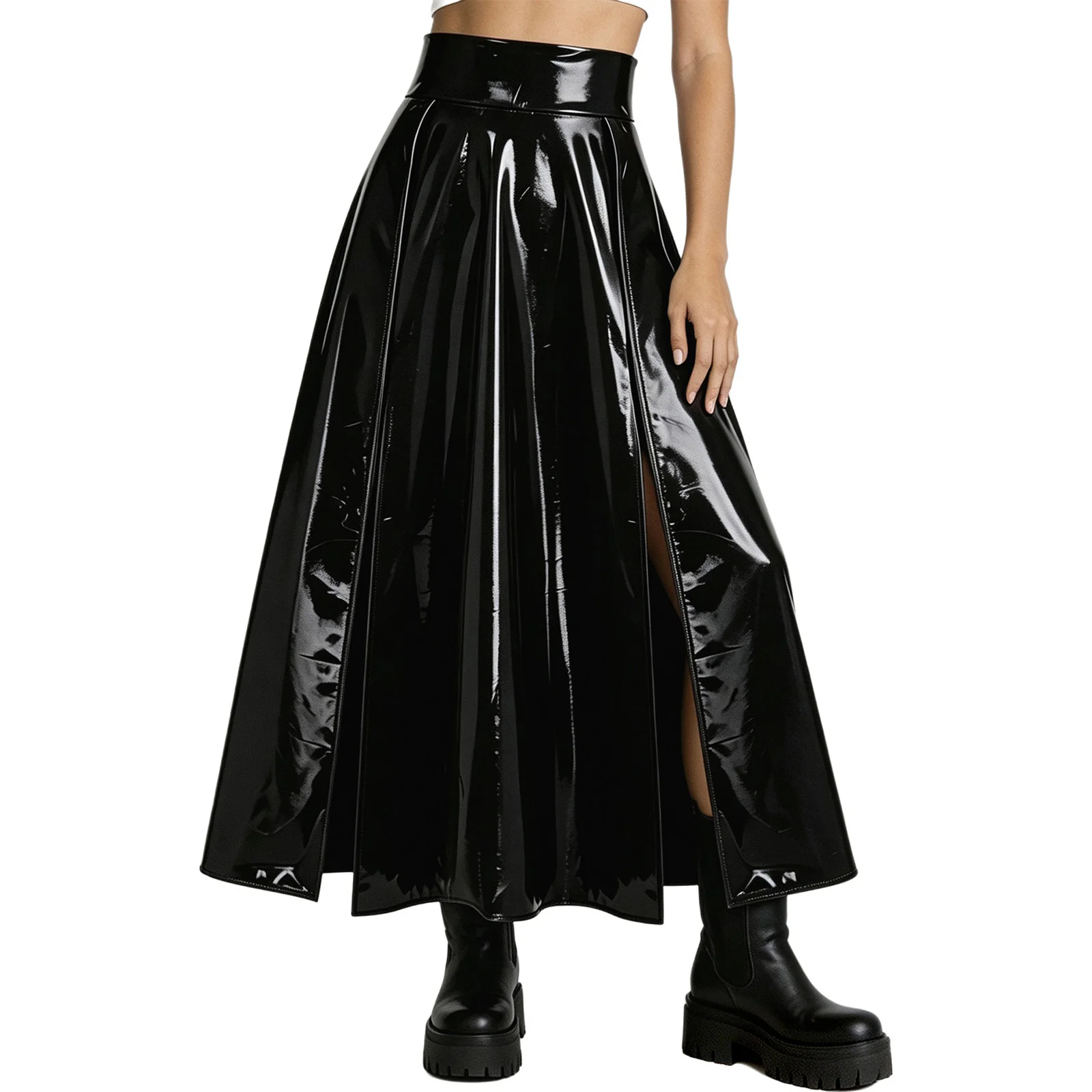 Womens Patent Leather High Split Skirt Back Invisible Zipper High-waisted Maxi Skirt for Nightclub Party Rave Festival Costume