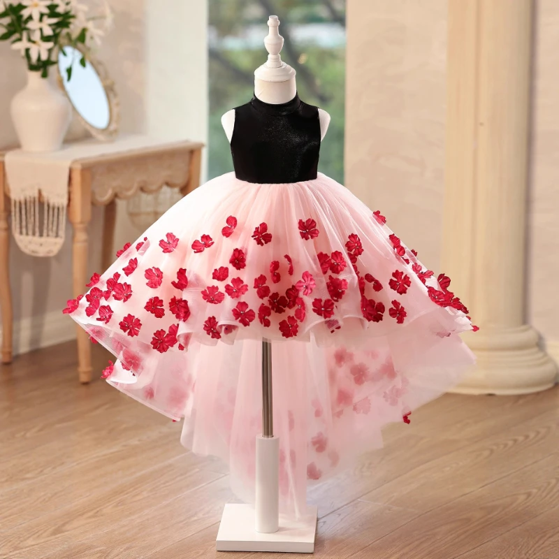 

2026 Children Girls First Birthday Party Banquet Floral Evening Dress High Low Kids Piano Performance Host Princess Gown Costume
