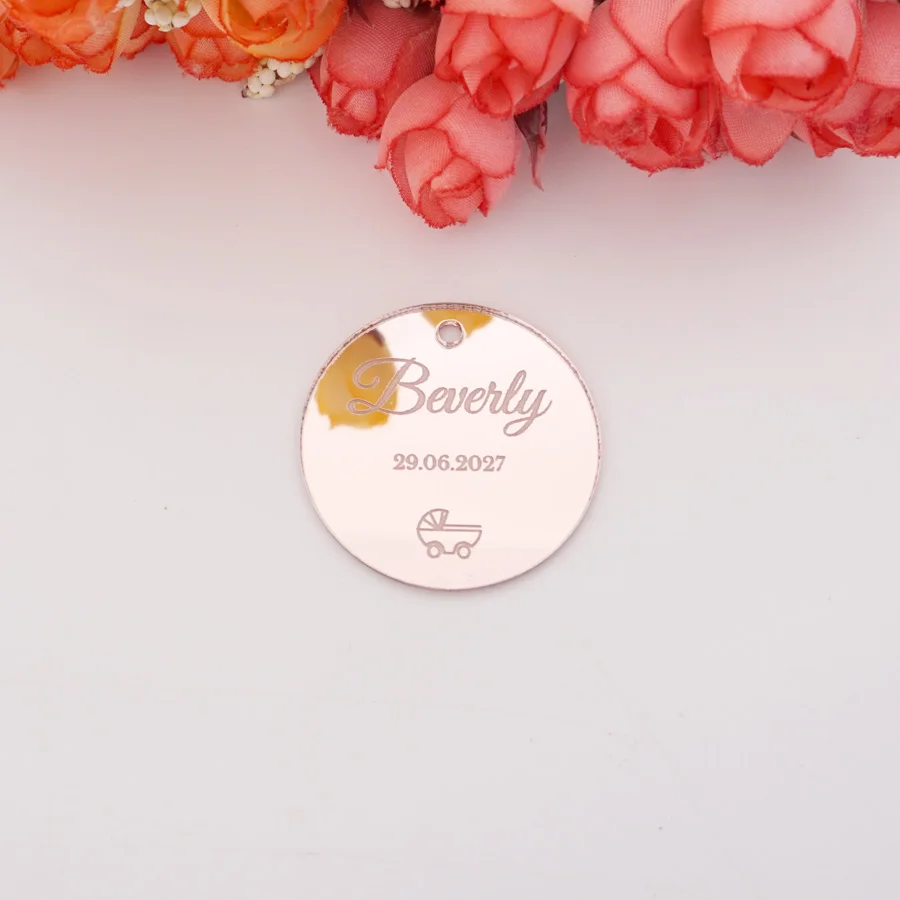 

4cm Personalized Acrylic Mirror Baby Stroller Tag New Born Baby Shower Hanging Tag Custom Baby Name&Date Party Decor