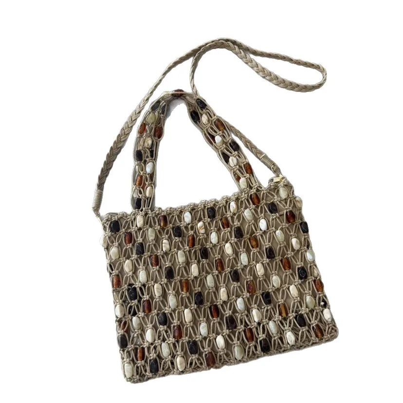Bohemian Rope Crochet Women Bag Color Beading Beach Bags for Women Handmade Hollow Knitting Handbags and Purses Woven Bag NEW
