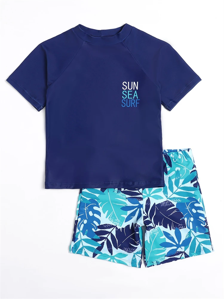 Kids Boy Swimsuit 2024 New Solid Print Two Piece Short Sleeves Children Swimwear Summer Shorts Beachwear Bathing Suit For Female