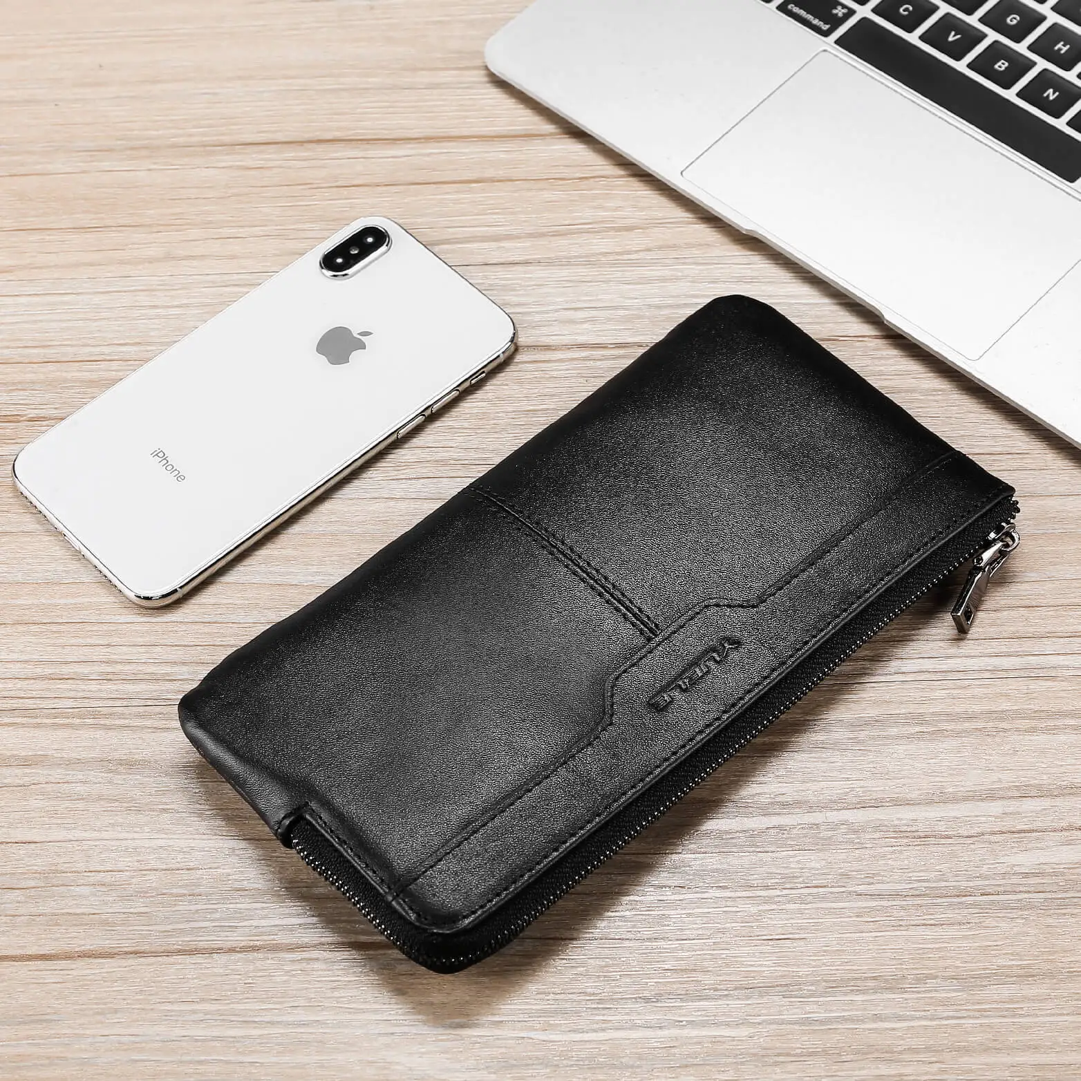 Mens Long Wallet Clutches Cell Phone Credit Card Holder Purse Soft Real Leather Zipper Large Capacity Wallets with Wrist Strap