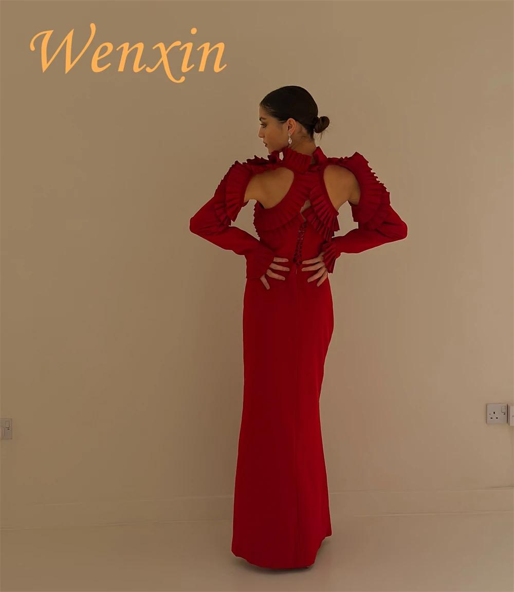 Robe de soirée en Jersey rouge Simple, personnalisée, col haut, manches longues, robes de soirée, robes d'occasion spéciale