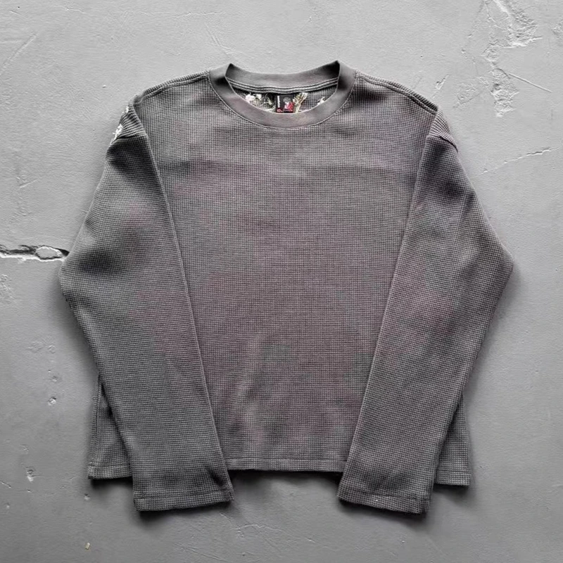 Übergroßer Waffelstrick-Pullover für Herren, Retro-Stickerei, Grafik, Rundhalsausschnitt, Langarm-T-Shirt, Baggy Streetwear, Lässiger Pullover – Detail 4
