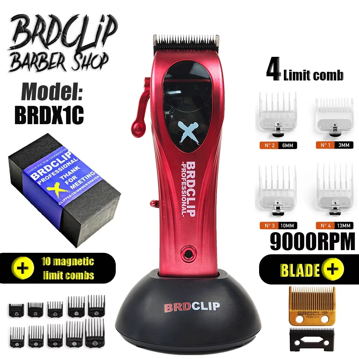 

9000 об/мин BRDCLIP X1C DLC BLADE CLIPPER для волос PROFESSIONAL MAGNETIC MOTOR ЗАРЯДНАЯ ОСНОВНАЯ Триммер для волос для мужчин Триммер для волос Barba