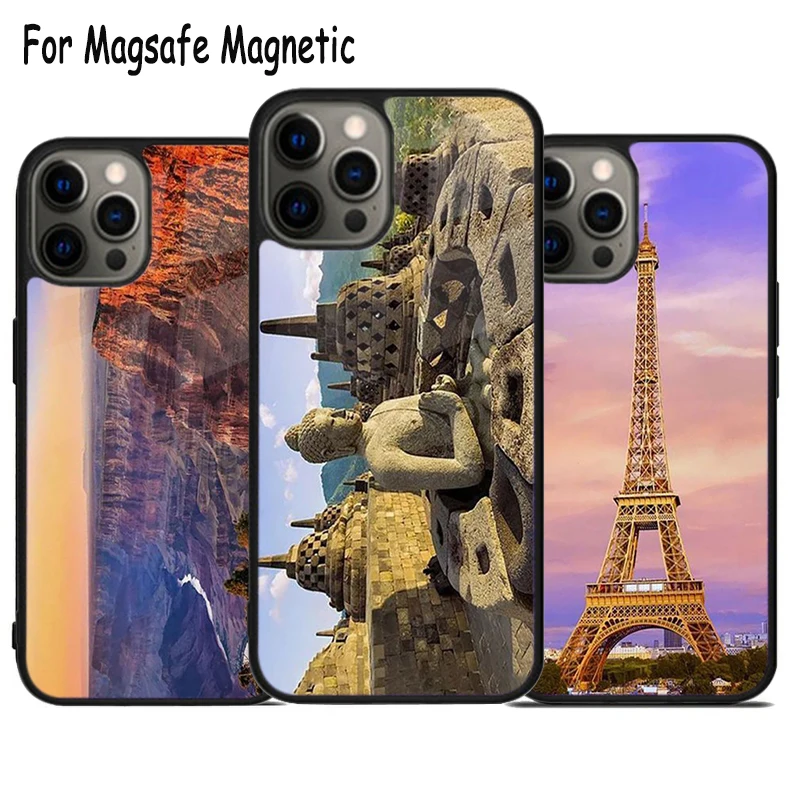 World Landmarks Wireless Charge Magsafe Phone Case For iPhone 15 16 14 13 11 12 Pro Max Plus Magnetic Bumper Cover