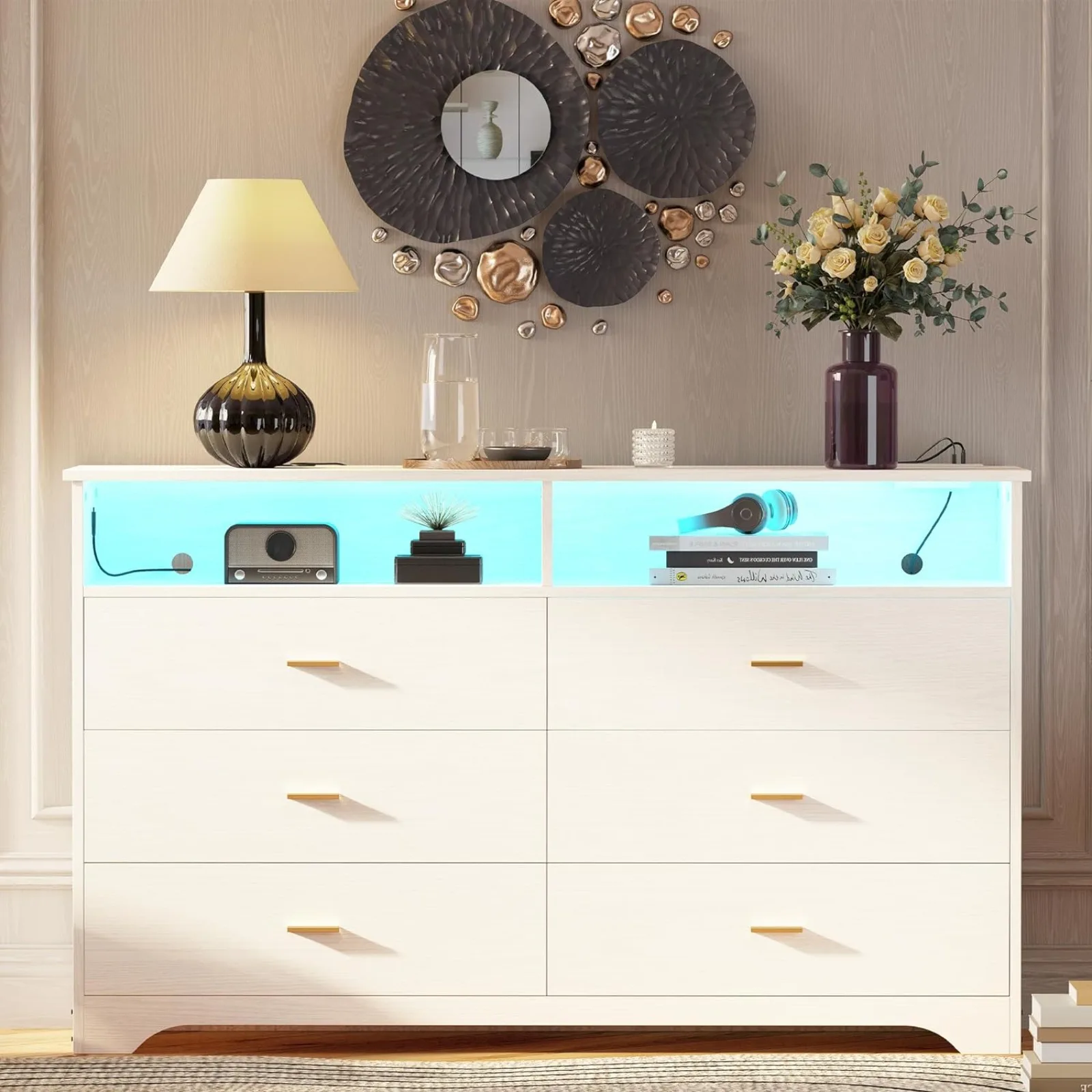 

US 6 Drawer 59" White Dresser with LED and Power Strip, Dressers & Chests of Drawers with Storage Cabinet for Bedroom