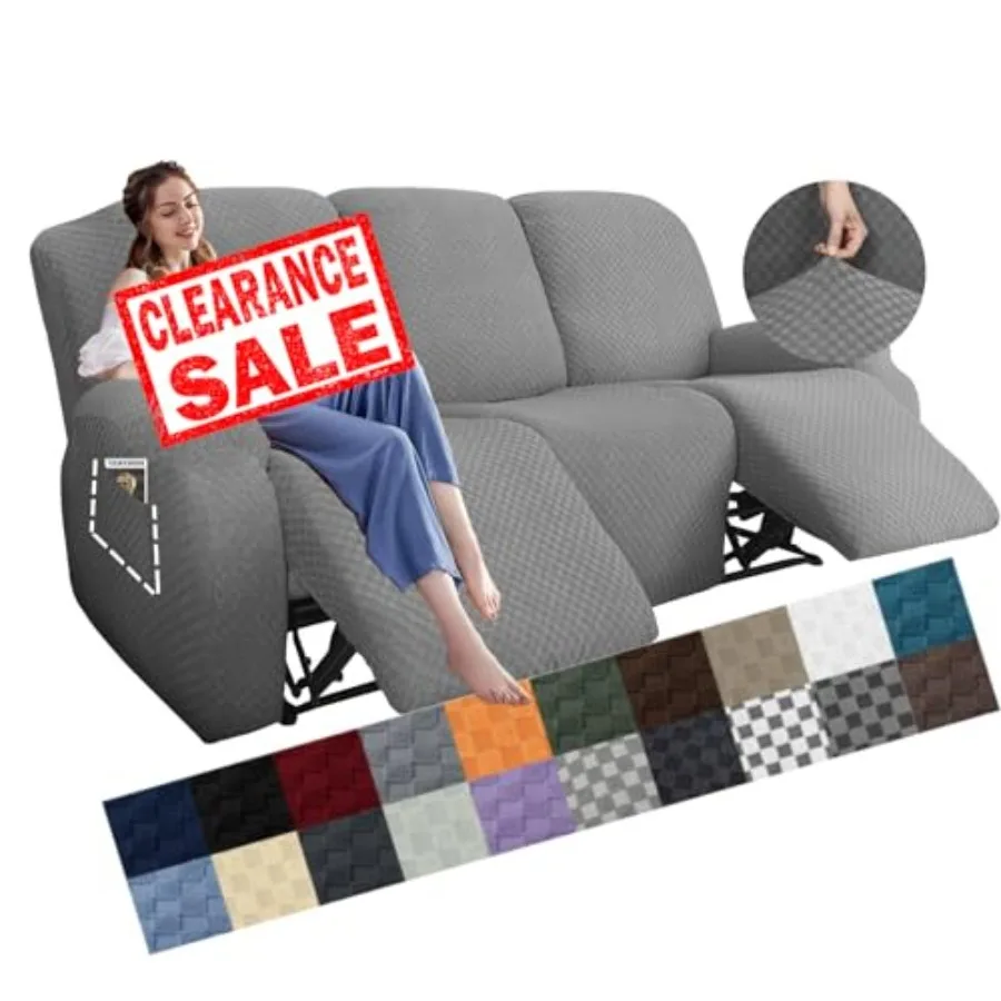 

8 Pieces Stretch Recliner Sofa Cover Latest Jacquard Reclining Couch Cover with Side Pocket Anti-Slip Fitted 3 Cushion Furnitur