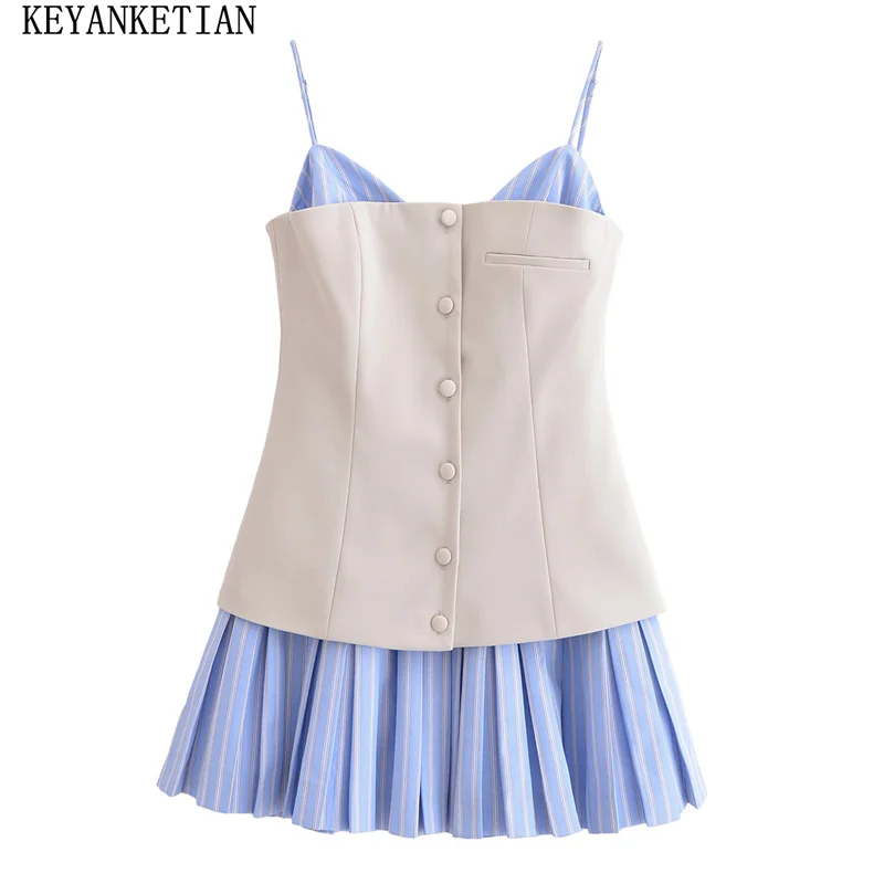 

KEYANKETIAN 2025 весеннее новое женское платье в полоску с лямкой на бретельках в два стиле пэчворк Y2K, украшение на пуговицах, тонкое мини-плиссированное платье трапециевидной формы