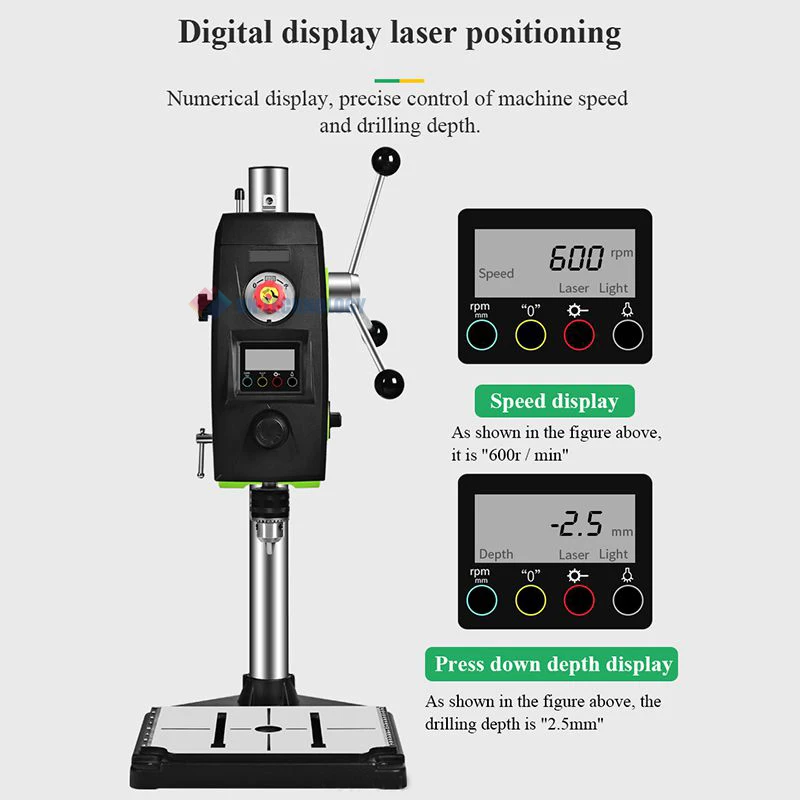 

Digital Display Benchtop Drill Press, High-Precision Variable Speed Cast Iron Drilling Machine with Laser and Work Light 220V