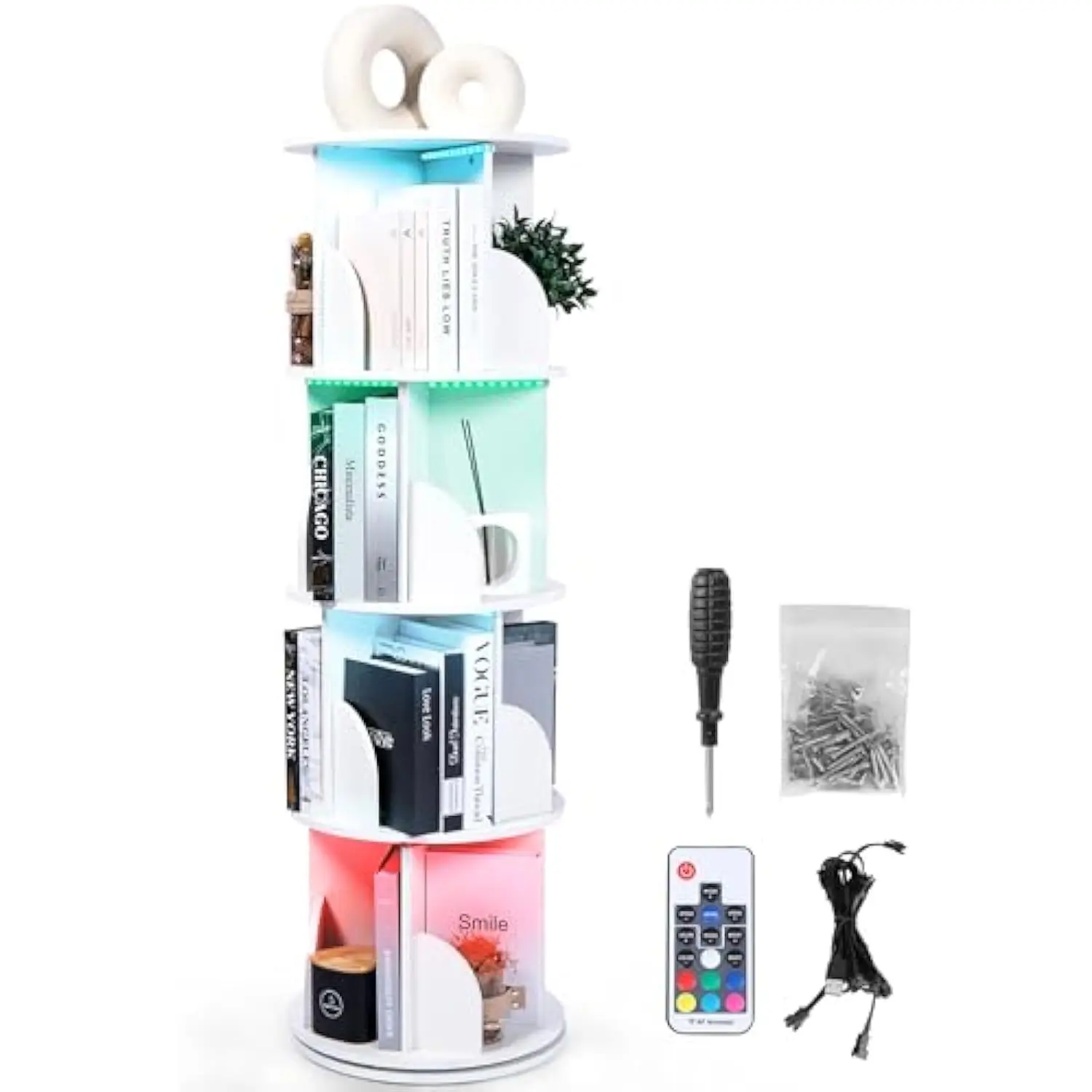 

Luminous 4-Tier Revolving Bookshelf With LED Lights Modern 360 Spinning Tower With Remote Control | Space Saving Ideal for Any