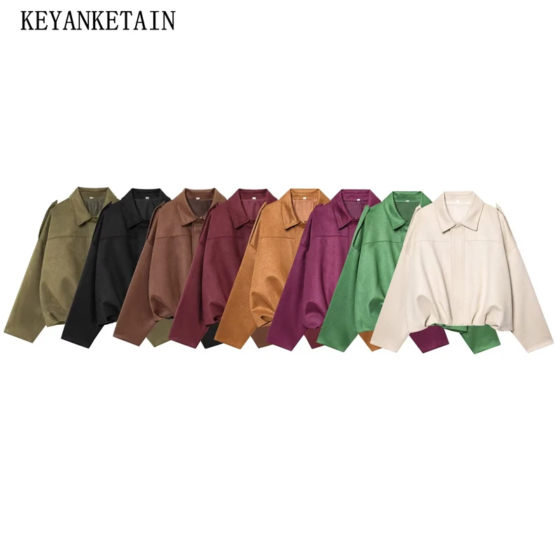 

KEYANKETIA осенне-зимняя новая женская куртка-пилот с длинным рукавом и откидным воротником, замшевая текстурированная куртка с эффектом пилота, пальто для женщин