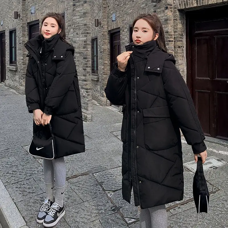 Winter Jackets Women Clothing Long Hooded Parka Big Pockets Thicken Warm Long Sleeve Coat Korean Fashion Black White Parka Mujer