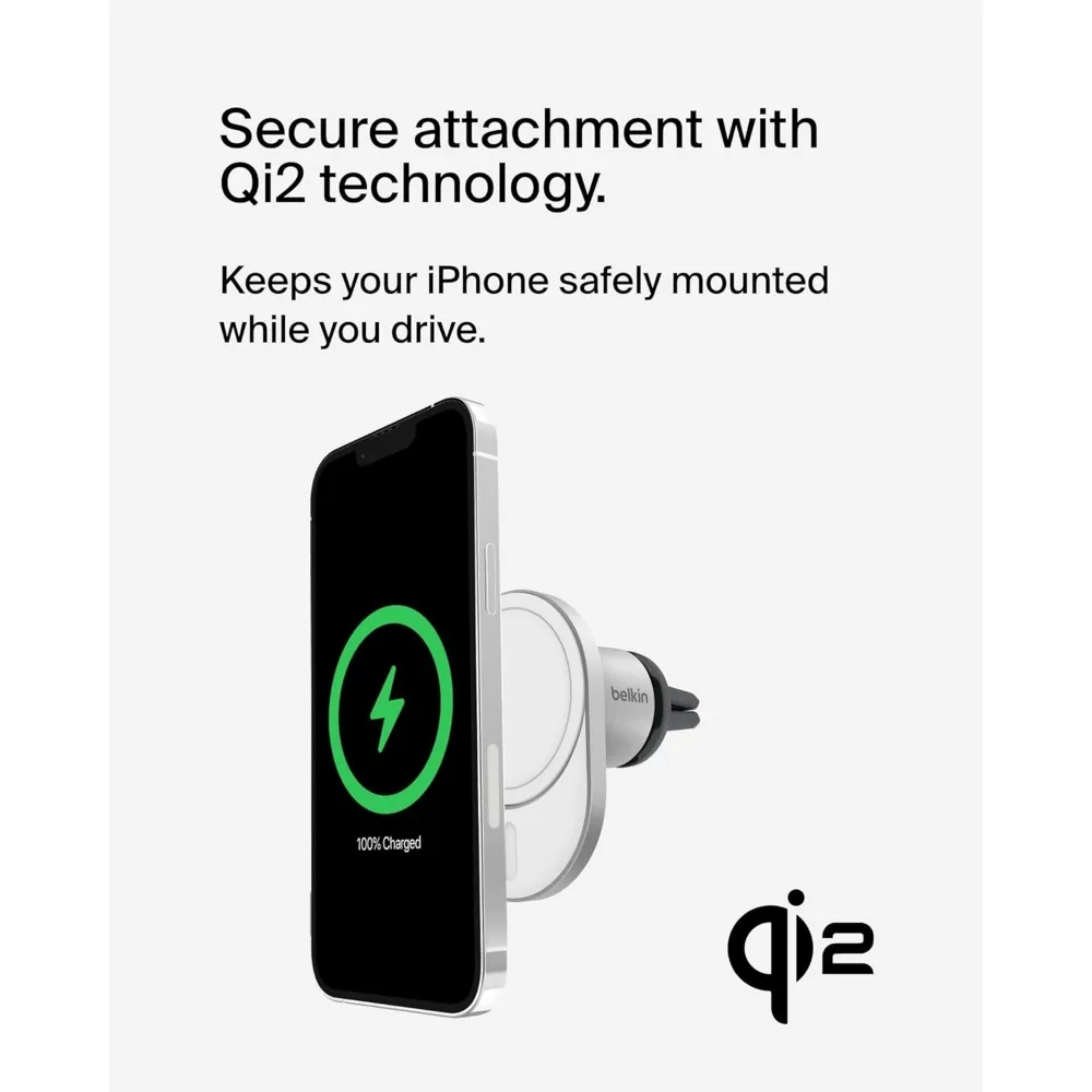 15W急速ワイヤレスカーチャージャー、マグネット式エアコン吹き出し口取り付け、iPhone 17/16/15/14/13、Pixel 10対応 - ホワイト