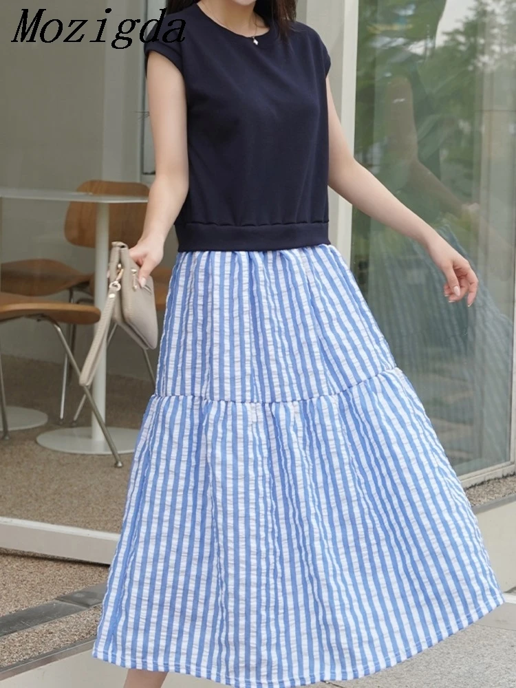 夏偽ツーピースセット Tシャツドレス女性パッチワークストライプ女性ドレス韓国ノースリーブレディーストップス Vestidos