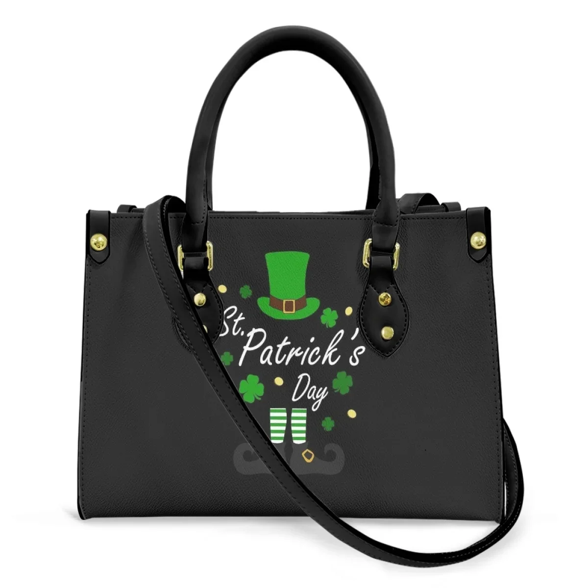 St.Patrick tas tangan wanita warna hitam tas selempang wanita kulit mewah tas bahu Tote Hari Irlandia Lucky Shamrock untuk anak perempuan