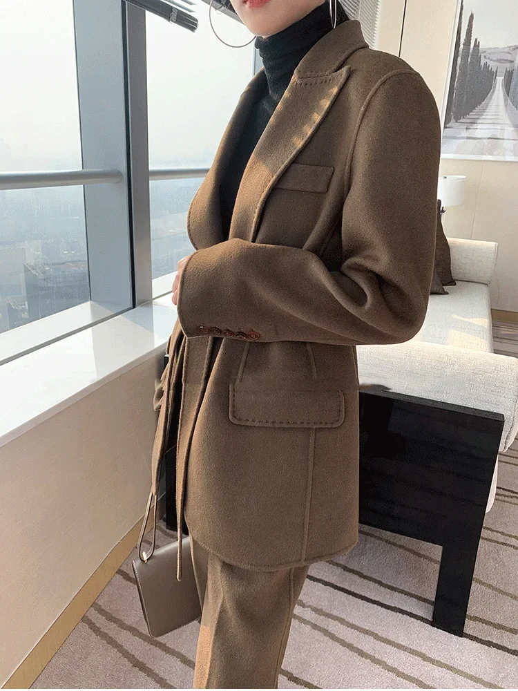 Autumn Winter Woolen Pant Suits Women Thick Belted Jackets Ladies Wool High Waist Pants Warm Trousers Set Female