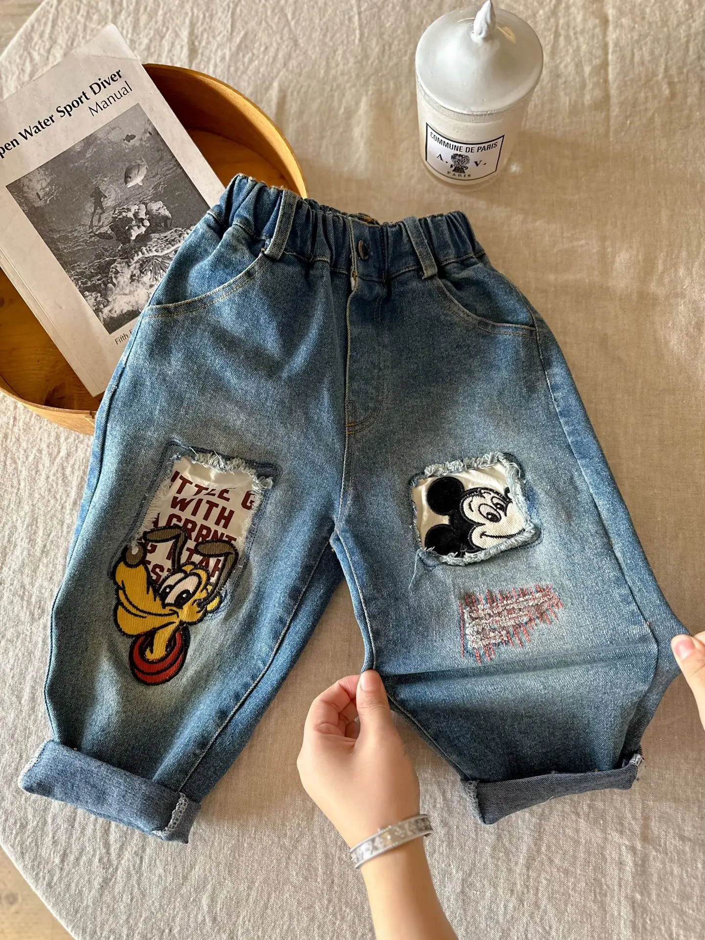 Baby Boys Girls Straight Jeans 2024 Spring Autumn New Kids Cartoon Mickey Mouse Embroidery Denim Pants Children Casual Trousers