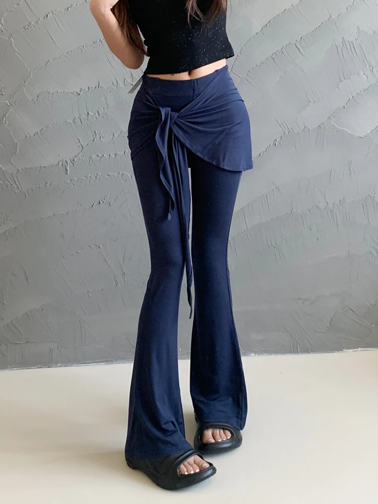

Micro High Waist Horn Casual Pants For Women Summer Design Fake Two Piece Strap Tight Slimming Floor Dragging Korean Women K7LX