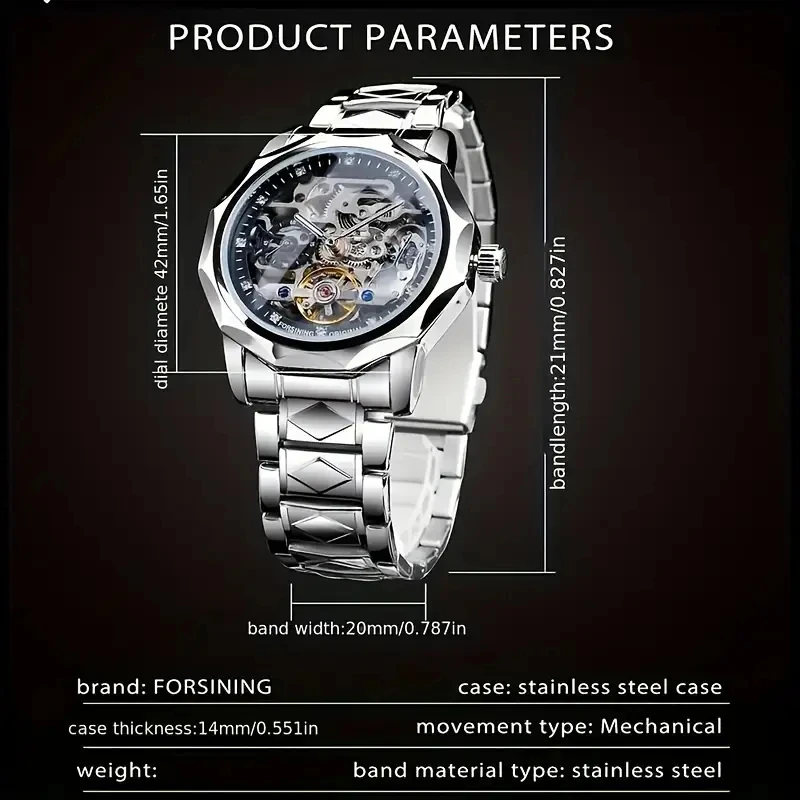 Luxury High-End Light Luxury Men's Watch, Automatic Mechanical Watch - Stylish Stainless Steel Strap, Diamond-Encrusted, Skeleton Design, Fashionable Business Casual Style, Ideal Gift, No Battery Needed