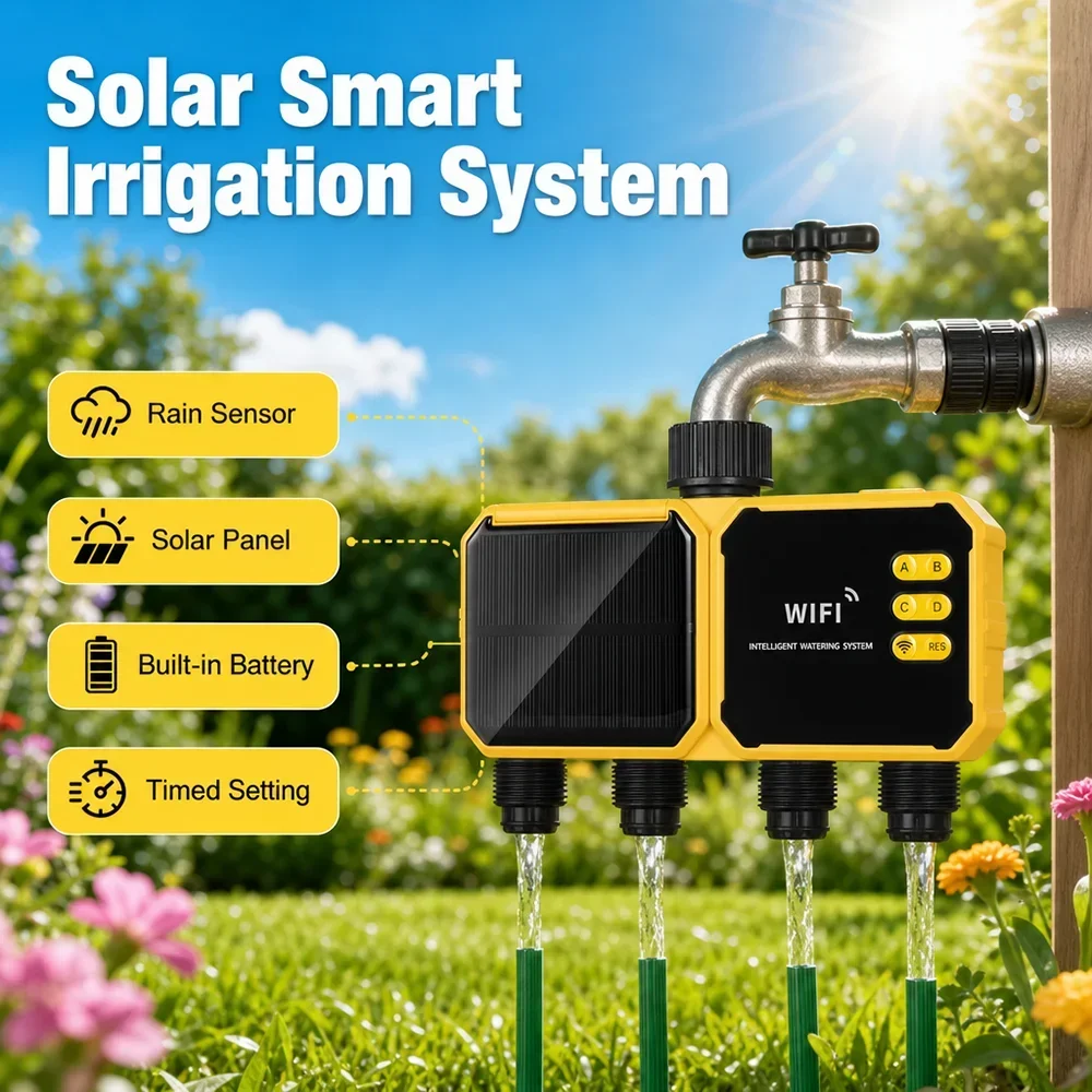 2/4 Outlets WiFi Smart Solar Irrigation Timing Controller Irrigation System Outdoor Garden Water Timer Programmable Rain Delay