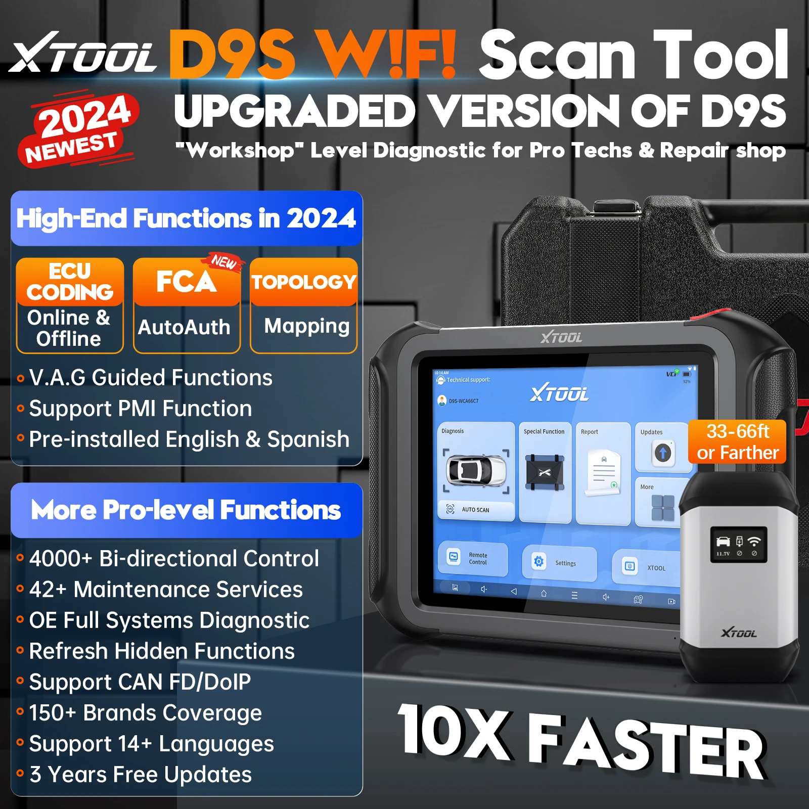 XTOOL D9S Bluetooth Diagnostic Tools Ecu Coding Bi-directional Scan Tool 3-Year Free Update Built-in DoIP/CAN FD Topology Map