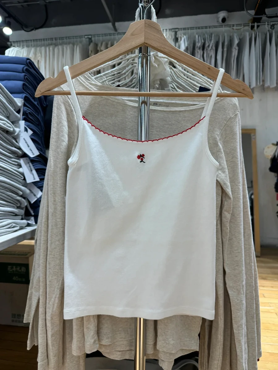Red Floral Embroidery Slim Crop Top Summer Lace Trim White Sleeveless Camisole Sweet Girls Cotton Tank Tops Women Y2k Clothes