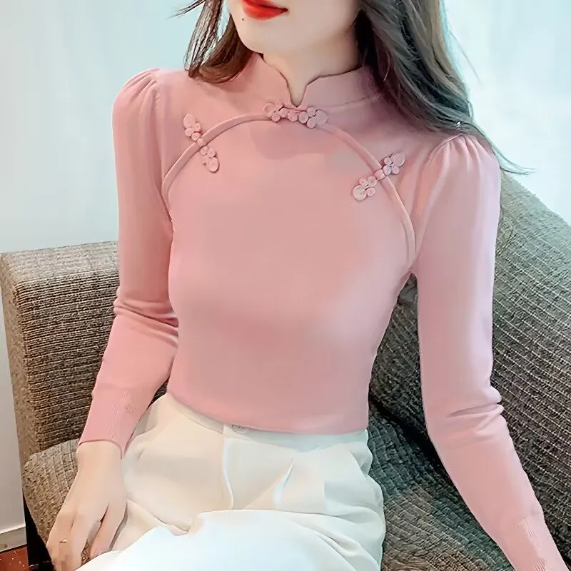 Chinese Vintage Disc Button Long Sleeve T-shirt New Women Spring Autumn Slim-fit Blouse Tops Female Soft White Base Shirt