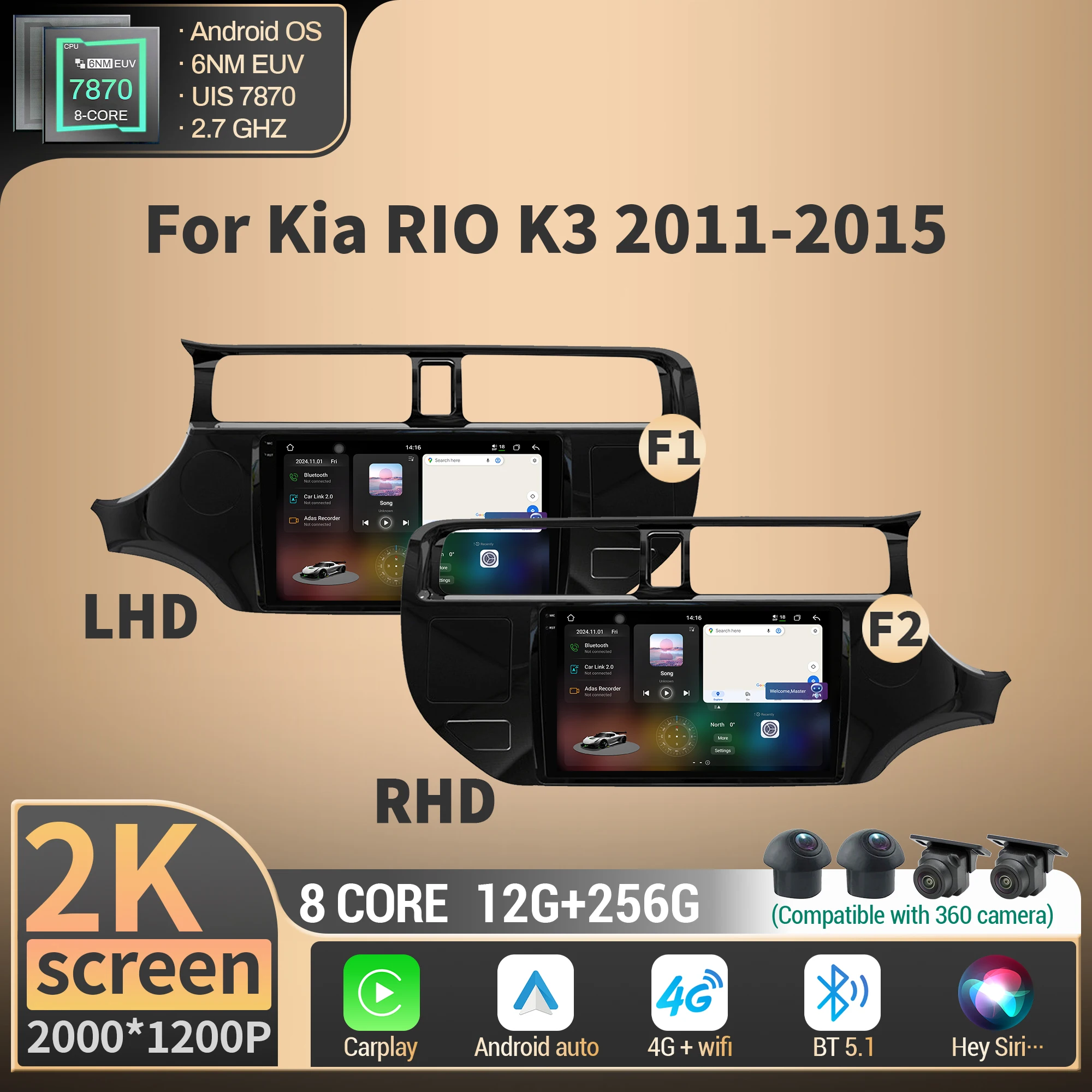 

For Kia RIO K3 2011-2015 Car Radio Wireless BT CarPlay Android 4G GPS Navigation Multimedia CPU 7870 2K QLED Screen Stereo