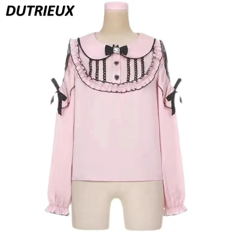 

Japanese Sweet Pink Bow Mine Shirt Female Lolita Long Sleeve Shirts Top Autumn New Blouse Femmes Camisa Feminina Girls Blusas