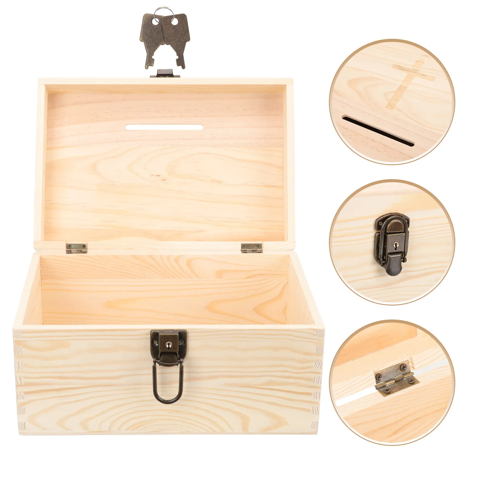Lock Wooden Donation Box Suggestion Case Portable Desktop Collection Holder Secure Fundraising Ballot Voting Polling Box