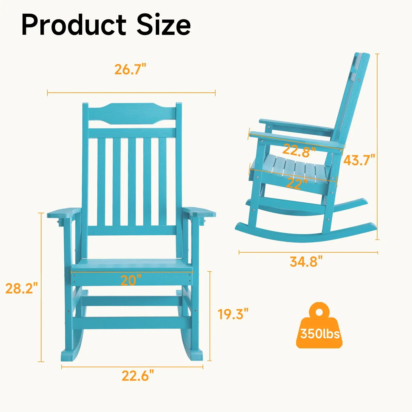 Outdoor Rocking Chair All Weather Resistant HDPS Poly Rocker Chairs Durable Front Porch Rocker with 350 lbs Weight Capacity