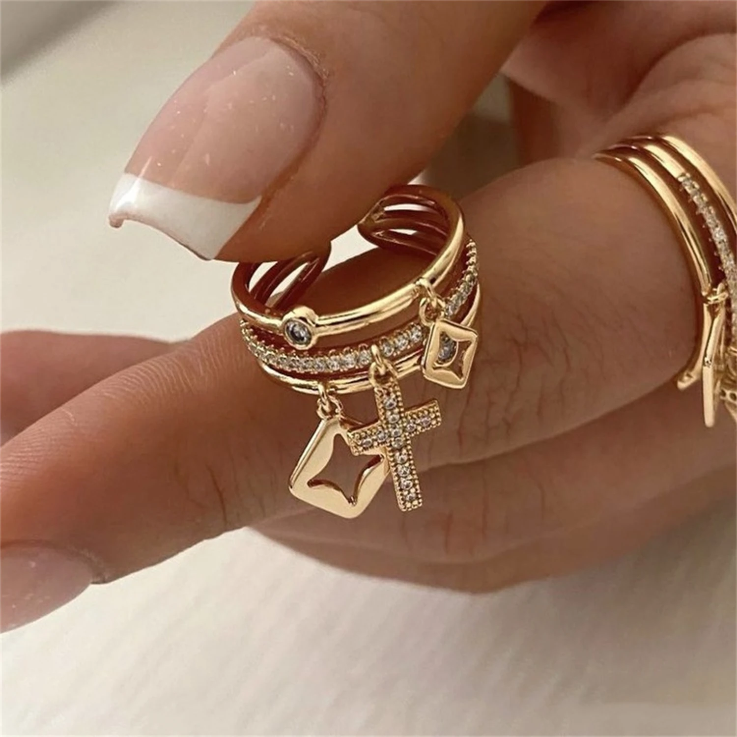 

WAKA Women's Stackable Rings Cross & Geometric Charms Trendy Layered Fashion Jewelry for Daily Party Gift Unique Accessory