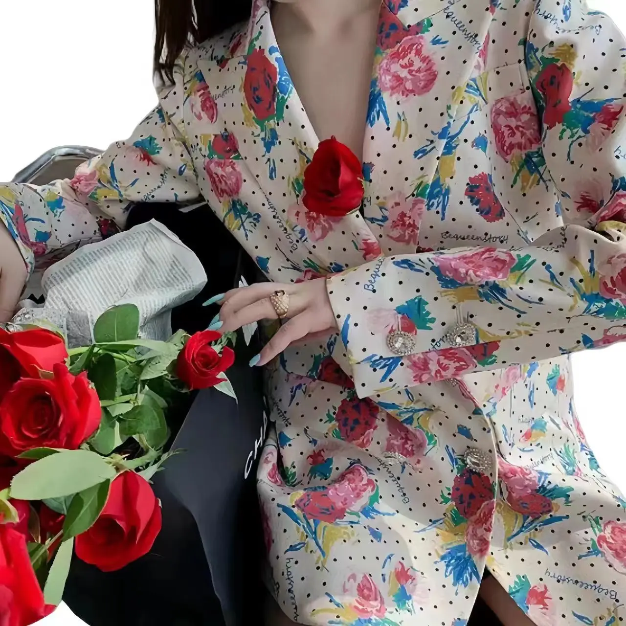 

Women's Floral Print Blazers, Long Double Breasted Coat, Elegant Loose Jackets, Casual Female Clothing, Spring and Autumn Tops