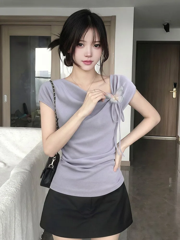 Summer Slim Fit Short Sleeve T-Shirt Women's Sweet And Spicy Girl Atmosphere Three Dimensional  Knot Neck Top