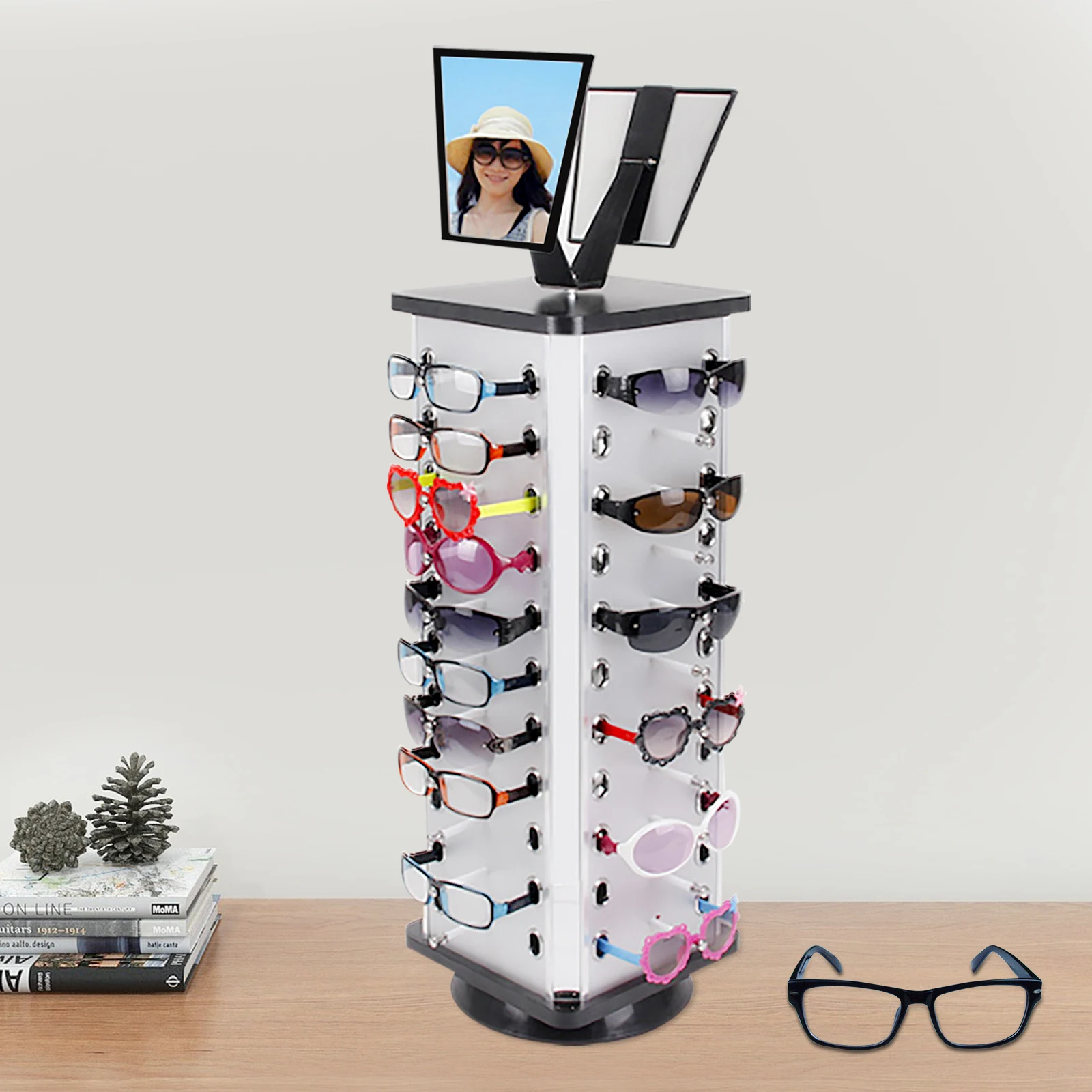 360° Rotating 44 Pair Sunglass Holder Glasses Display Stand Organizer Counter Glass Storage Shelf with Mirror Glass Display Rack