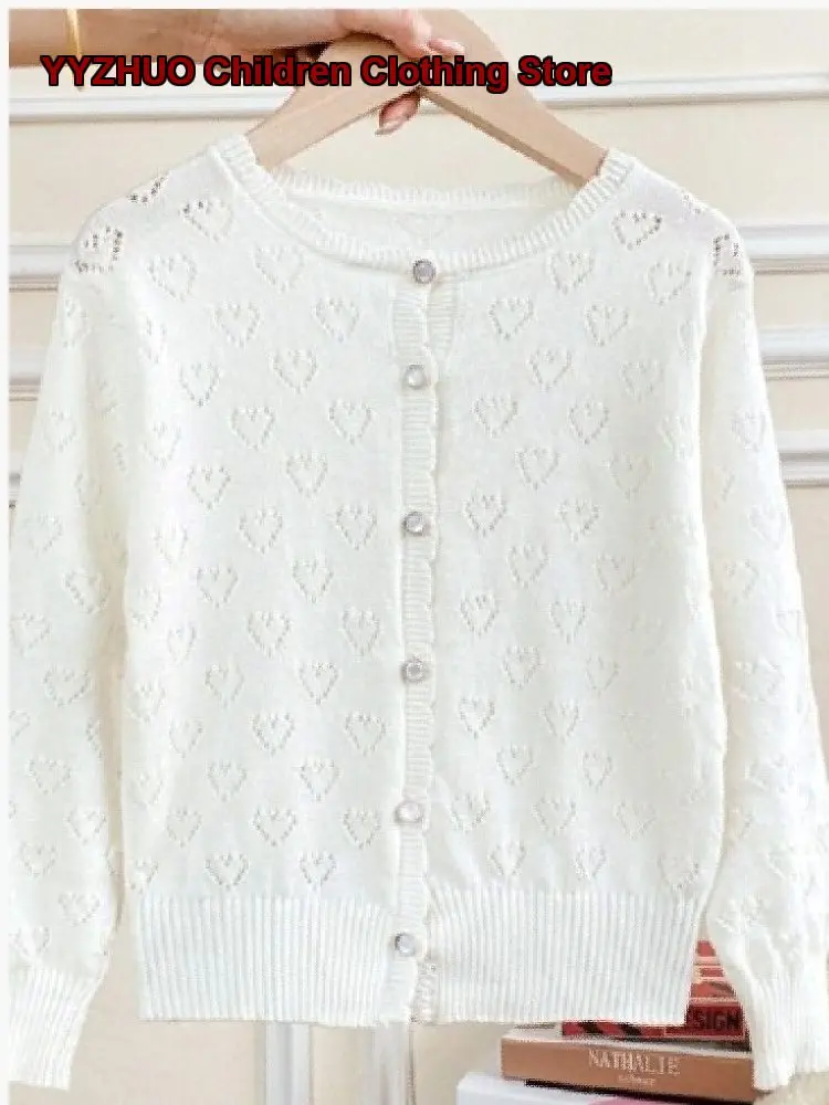 Girls Cardigan Small Coat Hollow Out Spring Summer Ice Silk Knit Air-Conditioning Shirt Children Stylish Heart-Shaped Sun-Protec
