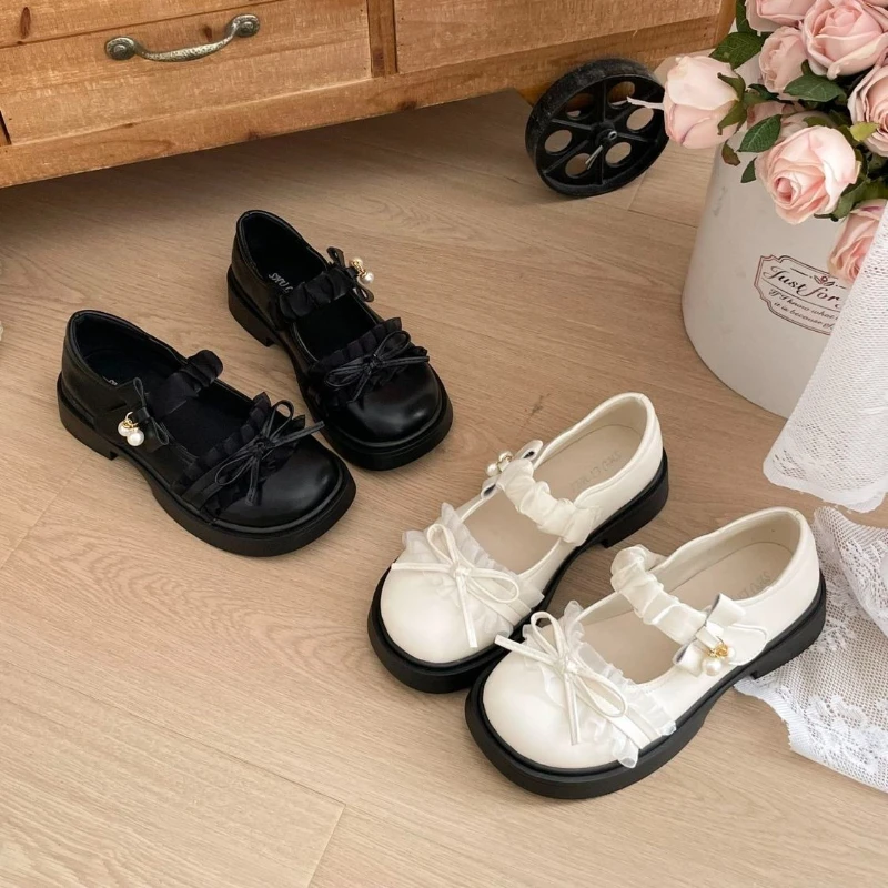 Mumoresip Girls Princess Dress Mary Jane Shoes Sweet Bow Pearl Children Leather Shoes Thick Bottom Kids Perform Shoes Non-slip