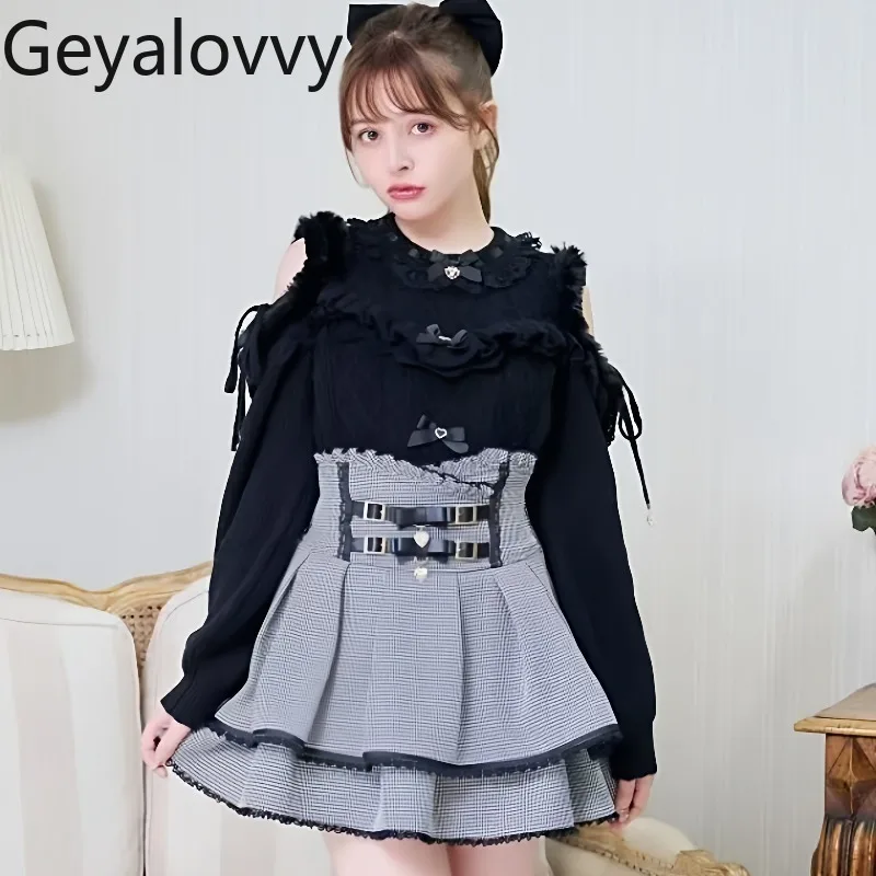 الحلو فتاة تنوعا طويلة الأكمام البلوز الخريف الشتاء جديد اليابانية ليز نمط خارج الكتف Bowknot أفخم محبوك القمم #3