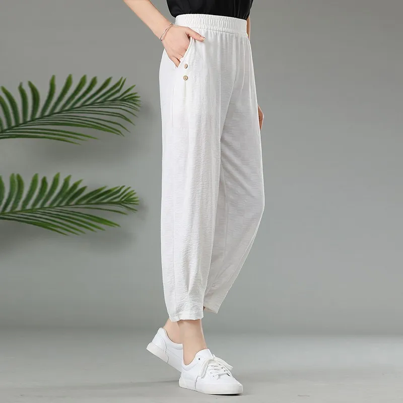 

2023 checkerboard Ankle Length Pants Women Spring Summer Casual Harem Trousers Black White Elastic Waist Loose Pants