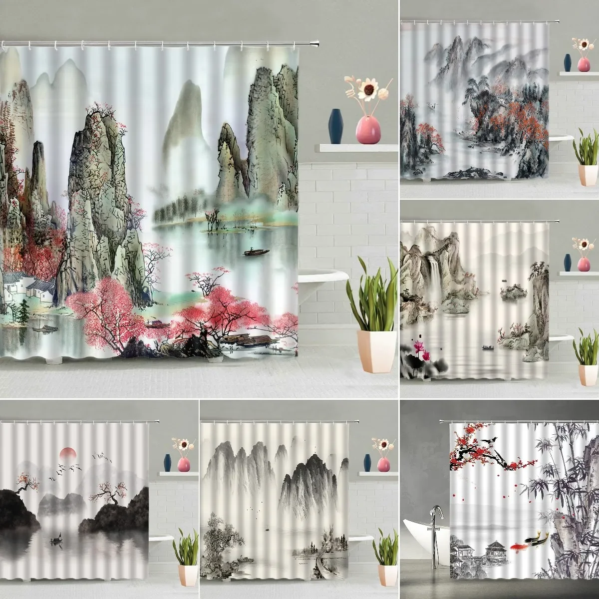 

Китайский стиль, тушь, живопись, занавеска для душа, пейзаж, цветок, дерево, растение, лодка, слива, фон для гостиной, стена, крючок для экрана ванной комнаты