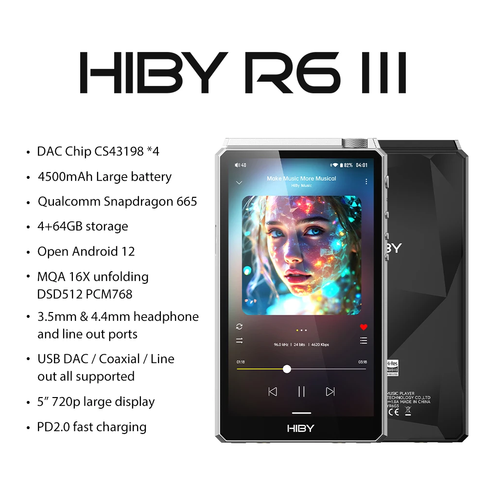 

HiBy R6III 2025/R6 Gen 3 Android 12 Музыкальный плеер MP3 USB ЦАП HIFI WiFi Bluetooth 5.0 CS43198 *4 MQA16x DSD512 PCM768 4500 мАч