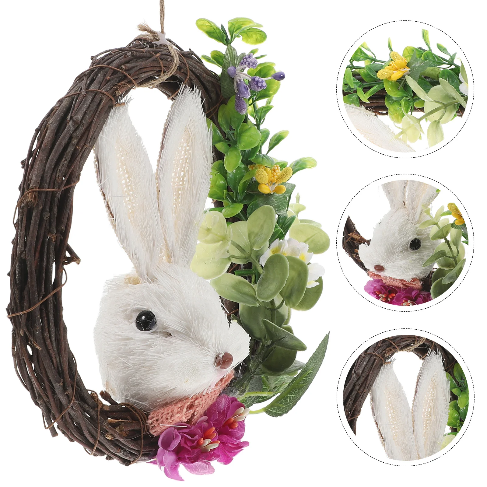 

Bunny Wreath Handcrafted with Natural Rattan and Faux Flowers Ideal for Easter Season Wall Door Decorative Display