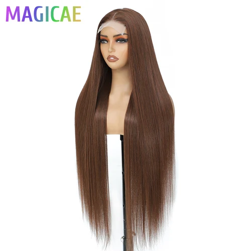 Imagen 2 del producto Pelucas Magicae de 36 Pulgadas con Frente de Encaje 4x4, Color Castaño con Mechas Rubias Ombre P27/613, Sintéticas Resistentes al Calor para Cosplay