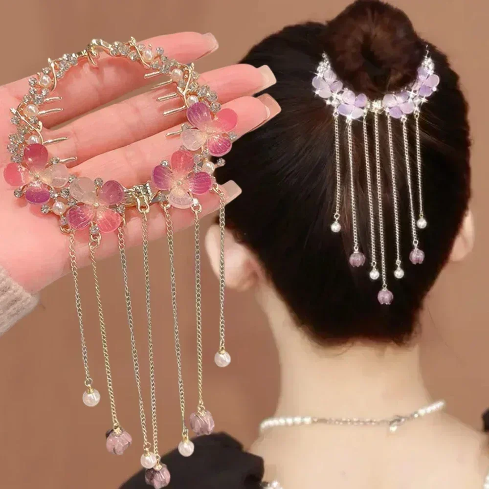 Elegant Tassel Hair Claw Rhinestone Pearl Hair Clip Women Barrette Girl Ponytail Holder Hairpins Fringe Jewelry Hair Accessories