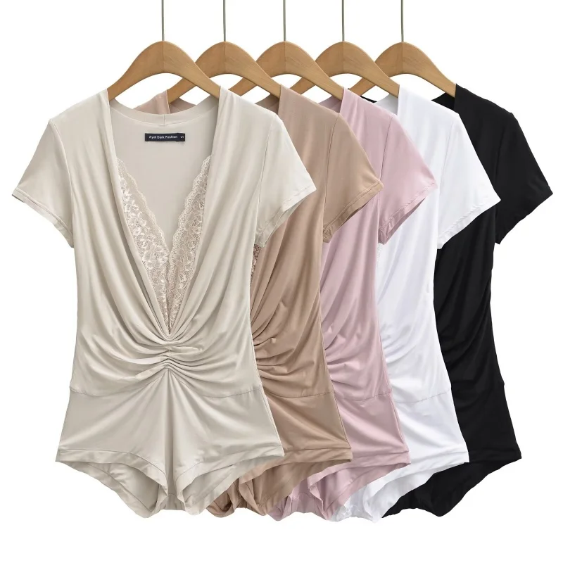 

V-Ne Lace Splice Pleated Jumpsuit ort Sve Slimming One-Piece Gentle Sexy Sle mid Waist ort Pants Other Fabric